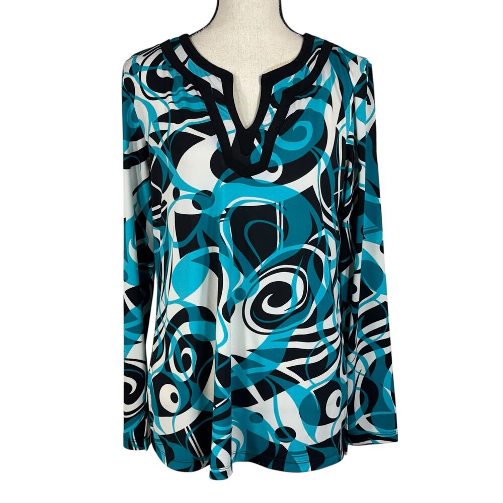 Christopher & Banks Large Top Abstract Stretch Long Sleeves V-Neck Side Slits